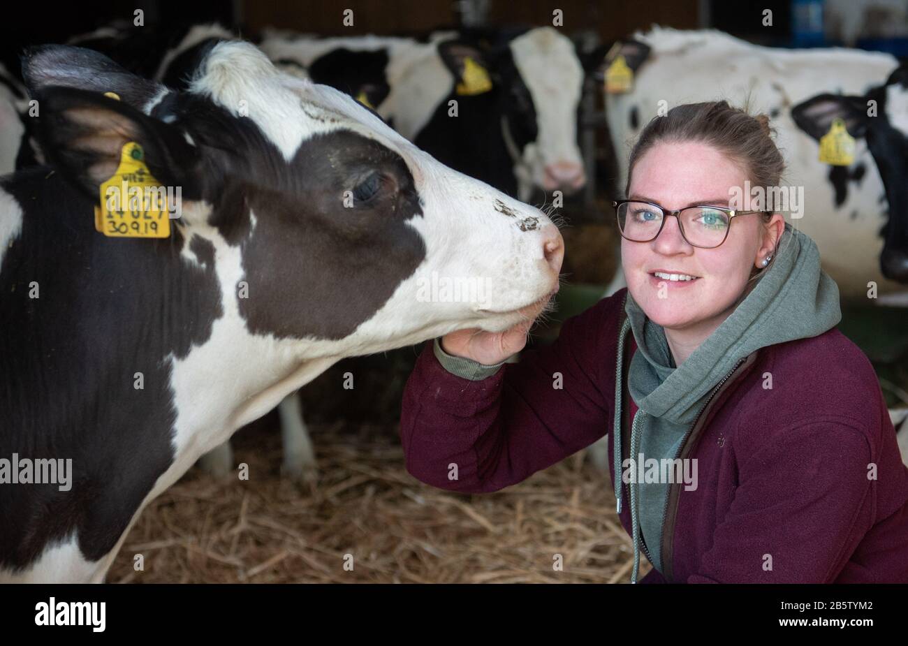 Barsinghausen, Deutschland. Februar 2020. Die Bäuerin Henriette Struß streichelt im Kuhstall ihres Bauernhofes in Egestorf ein Kalb. Der Landwirt engagiert sich in der Bewegung "Land schafft Verbindung" und sitzt im Beirat für Niedersachsen. "Landverschafft Bindung" setzt sich für die Zukunft auf dem Land ein. Credit: Julian Stratenschulte / dpa / Alamy Live News Stockfoto