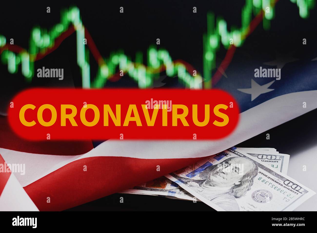 Die Finanzmärkte stürzen mit einem Coronavirus-Kovid-19-Konzept ab. Exhange Raten, amerikanische Fahne mit USD-Rechnungen und Aufschrift Coronavirus an Stockfoto