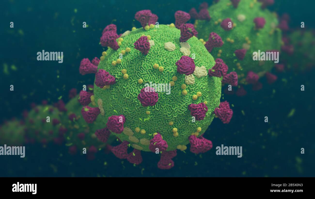 Covid-19 Coronavirus, Virus, das akute Atemwegsinfektionen verursacht, und der verbreitete Erreger der Erkältung, Sars-CoV-2 Stockfoto