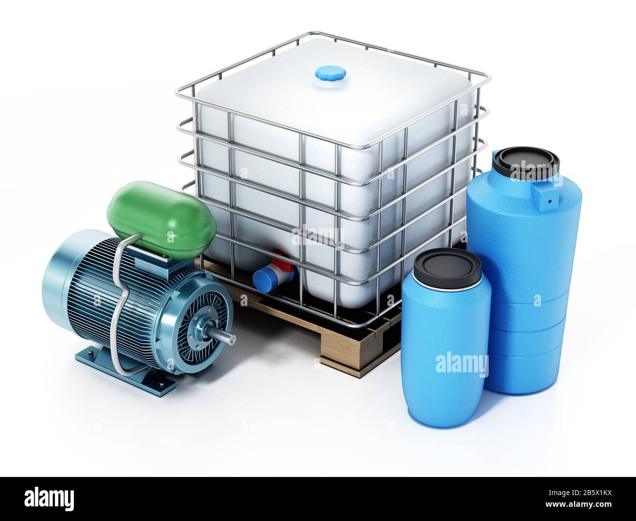 Wasserbehälter und Motor auf weißem Hintergrund reservieren. 3D-Abbildung. Stockfoto