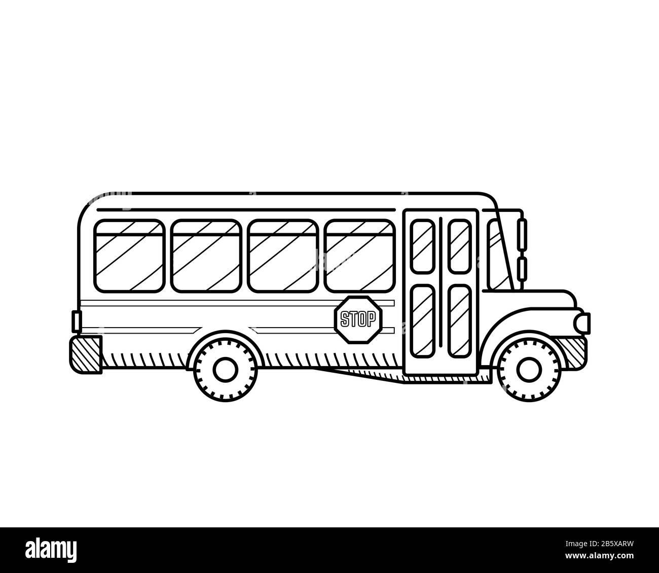 Schulbussymbol mit öffentlichen Verkehrsmitteln. Isoliert auf weißem Hintergrund. Bildungskonzept zum Einfärben von Buchseiten für Kinder Stock Vektor
