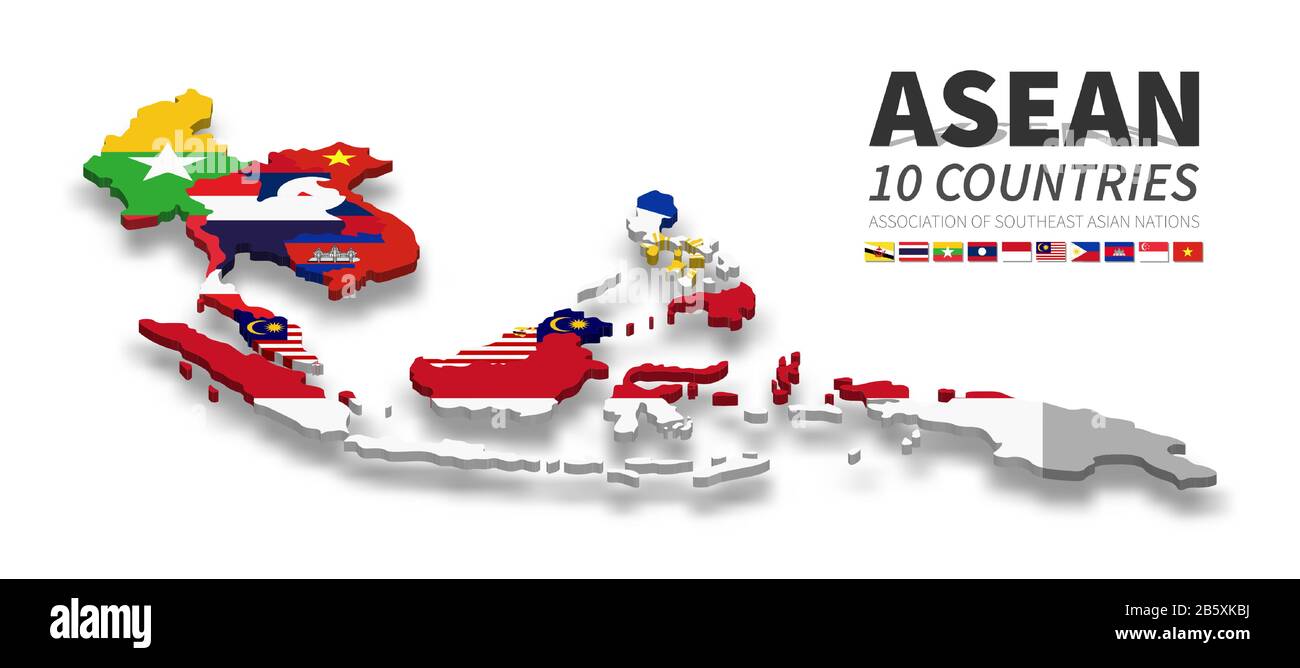 ASEAN. Verband Südostasiatischer Nationen . 3D-Landkarte und Nationalflaggen des Mitglieds mit Schatten . Vektor. Stock Vektor