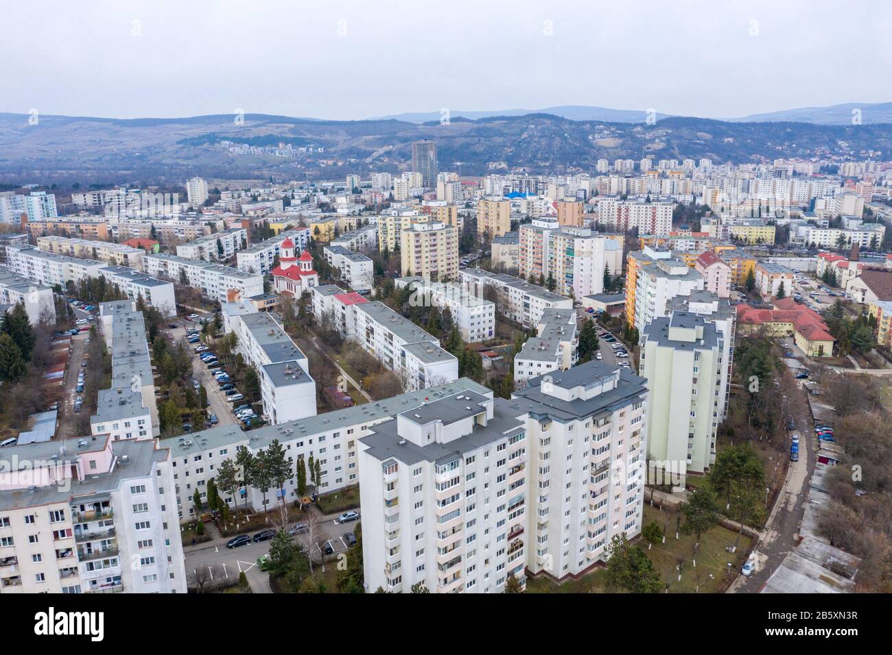 Luftaufnahme der Wohngegend von Manastur, einer Agglomeration von Wohnblöcken, die in der kommunistischen Sowjetzeit des Diktators Ceausesc errichtet wurden Stockfoto