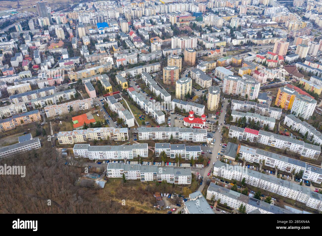 Luftaufnahme der Wohngegend von Manastur, einer Agglomeration von Wohnblöcken, die in der kommunistischen Sowjetzeit des Diktators Ceausesc errichtet wurden Stockfoto