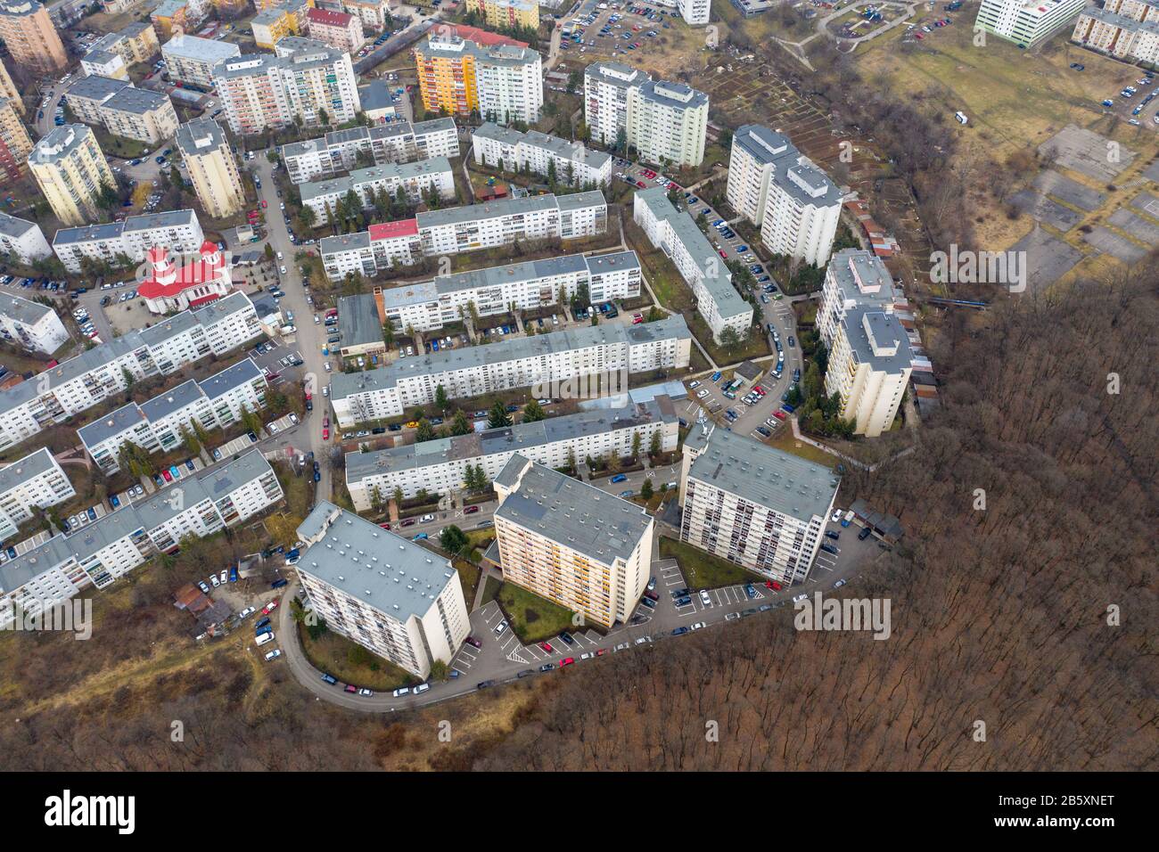 Luftaufnahme der Wohngegend von Manastur, einer Agglomeration von Wohnblöcken, die in der kommunistischen Sowjetzeit des Diktators Ceausesc errichtet wurden Stockfoto
