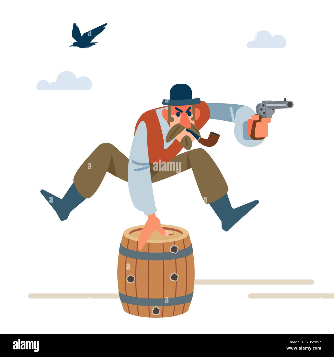 Cowboy mit Pfeife und Bowler-Hut springt über ein Fass Wein und schießt den Sheriff der örtlichen Polizei. Der Alte Wilde Westen. Cartoon-Vektor Stock Vektor