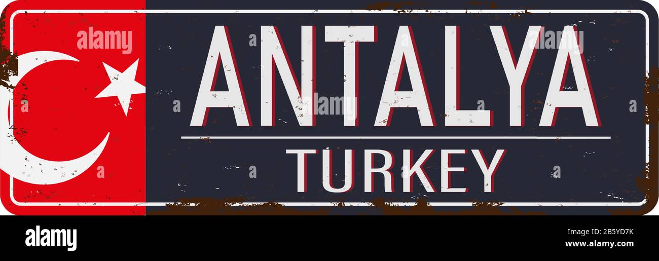 Willkommen im Antalya Retro-Andenkenschild von einem der beliebtesten Sommerziele in der Türkei. Vektorgrafik-Illustration auf weißem Hintergrund Stock Vektor