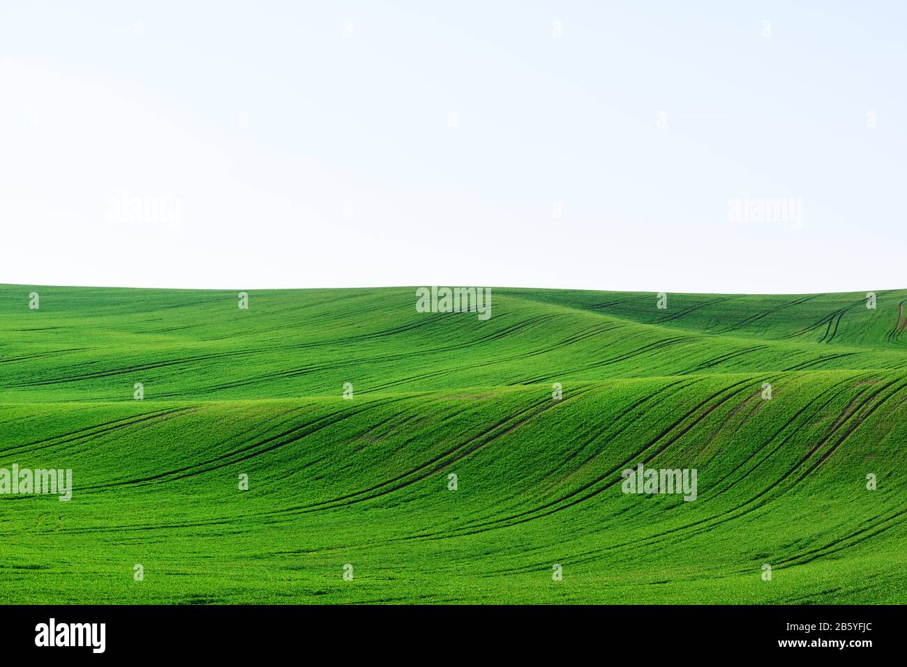 Abstrakte ländliche Landschaft mit landwirtschaftlichen Feldern auf Quellhügeln. Region Südmähren, Tschechien Stockfoto