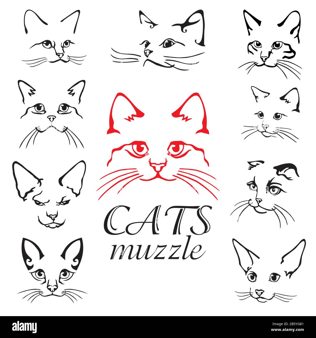 Satz abstrakter Vektorgrafiken von Katzen Schnauzensatz. Etikett mit abstrakten Tiersymbole. Flache Abbildung mit Katzenkopf. Isolierte Vektorobjekte auf weiß Stock Vektor