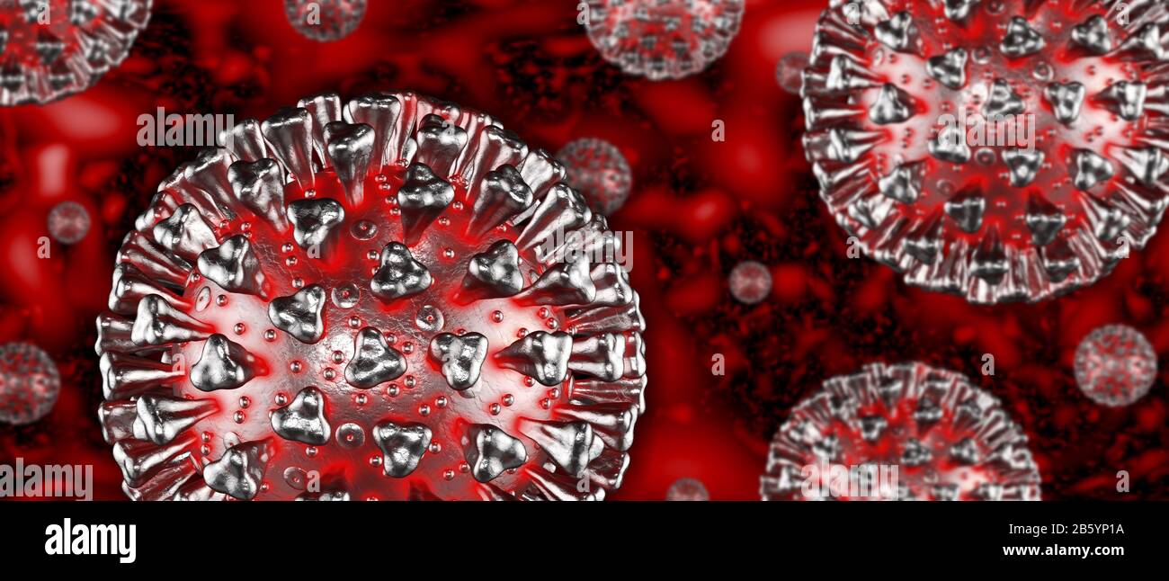 Detaillierte elektronische Mikroskopsimulation der Coronavirus-Krankheit COVID-19-Infektion.3D zur medizinischen Darstellung der Atmungsorgane des pathogenen chinesischen Pathogens in Stockfoto