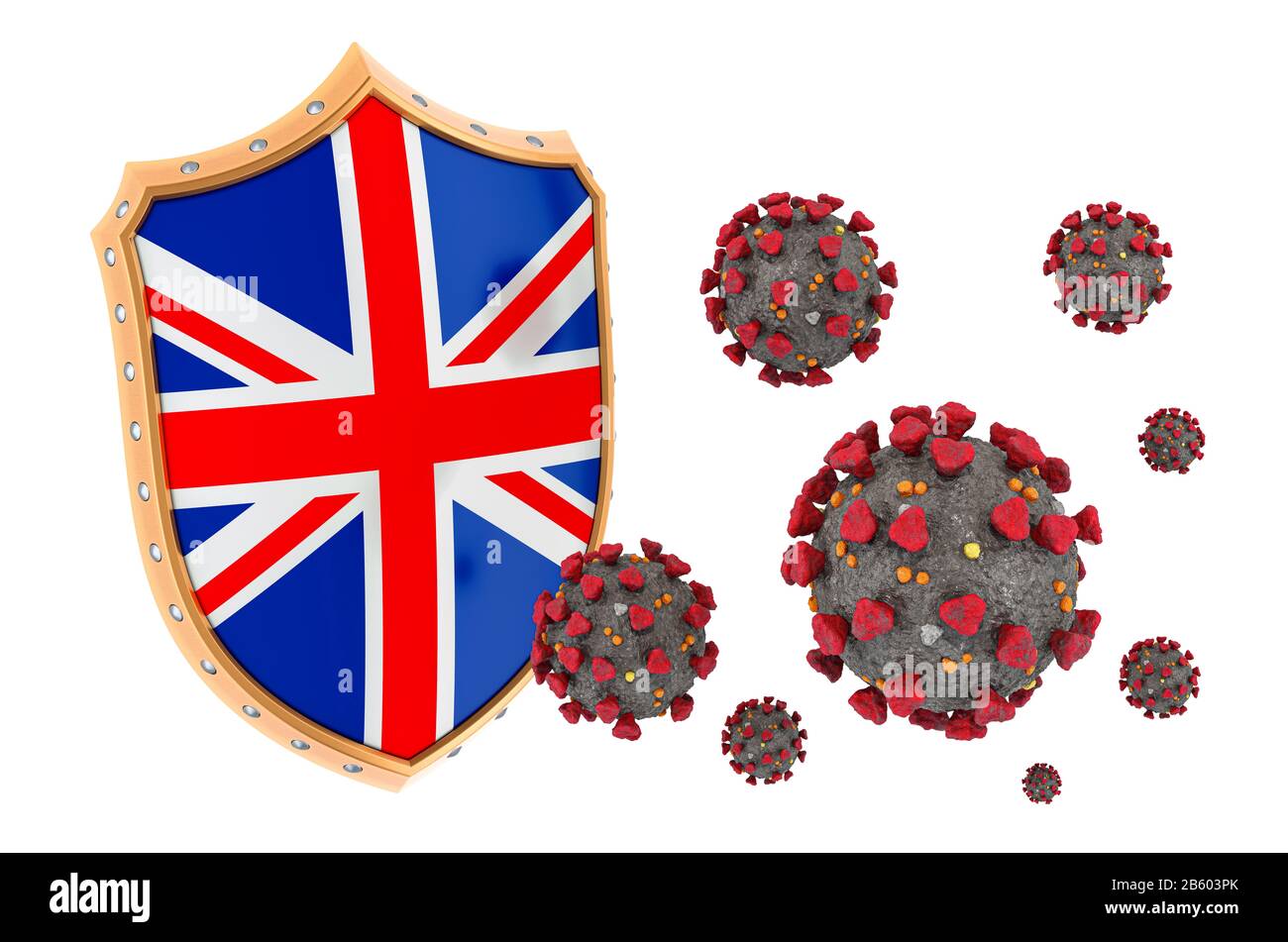 Schutz Großbritanniens vor Coronavirus. 3D-Rendering isoliert auf weißem Hintergrund Stockfoto