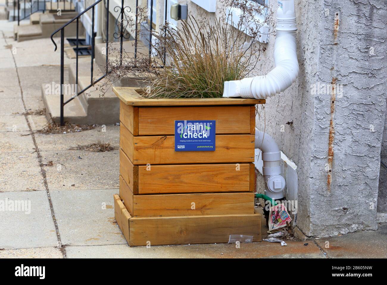 Eine Regenfass-Pflanzmaschine, die durch das Regen-Check-Programm des Philadelphia Water Department installiert wurde. Stockfoto