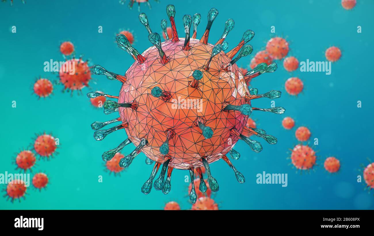 Abstrakter Virus-Hintergrund. Erreger, der die Atemwege berührt. COVID-19-Infektion. Konzept der Pandemie, Virusinfektion. Virus innerhalb eines Menschen Stockfoto