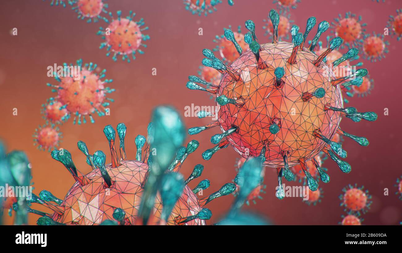 Abstrakter Virushintergrund, Grippevirus oder COVID-19. Der Virus infiziert Zellen. COVID-19 unter dem Mikroskop, Erreger, der die Atemwege beeinflusst Stockfoto