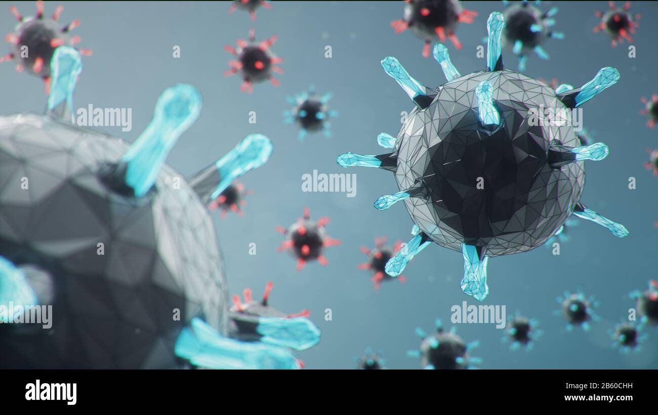 Abstrakter Virus-Hintergrund. Erreger, der die Atemwege berührt. COVID-19-Infektion. Konzept der Pandemie, Virusinfektion. Virus innerhalb eines Menschen Stockfoto