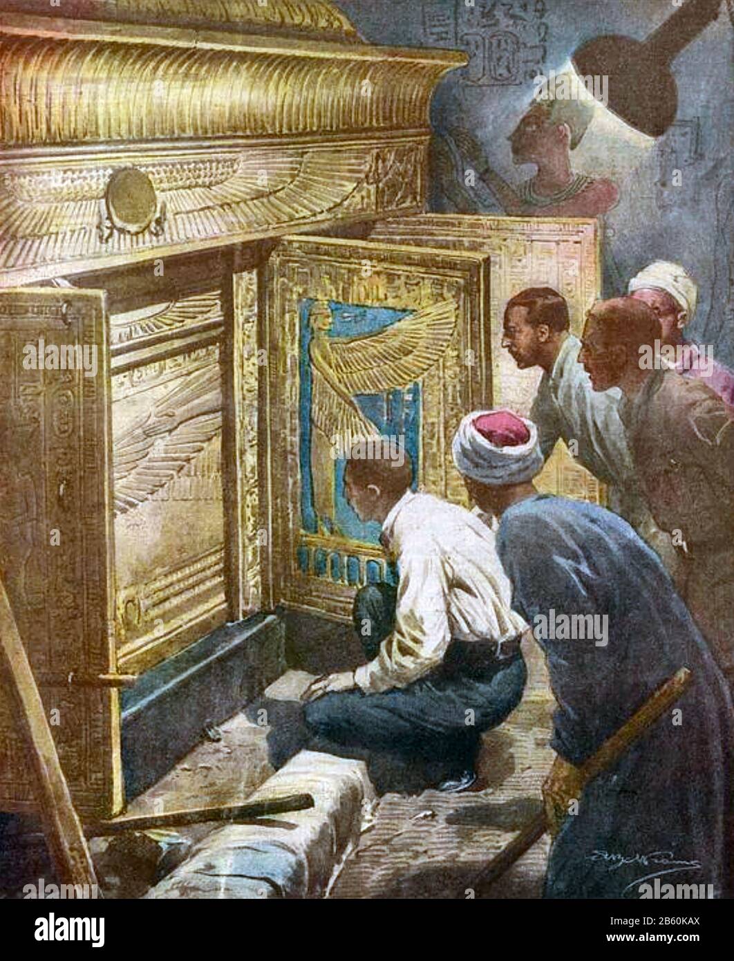 Howard CARTER (1874-1939) englischer Archäologe, der im Moment in einer italienischen Zeitschrift gezeigt wurde, als er im Februar 1923 den Sarkophag von Tutanchamun mit Lord Carnarvon zu seiner linken enthüllte Stockfoto