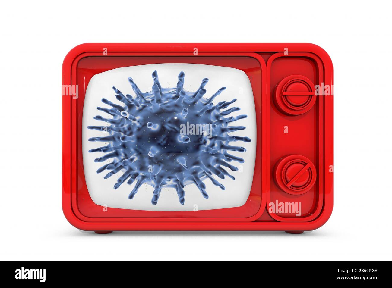 3D-Abbildung: Roter Vintage-Fernseher mit blauer Viruszelle auf dem Bildschirm auf weißem Hintergrund. Das Konzept der Eskalation der Situation in den Medien Stockfoto