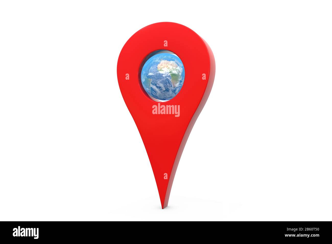 3D-Abbildung: Rotes gps-Zeigersymbol mit dem blauen Planeten - Erde darin. Weißer Hintergrund isoliert. Stockfoto