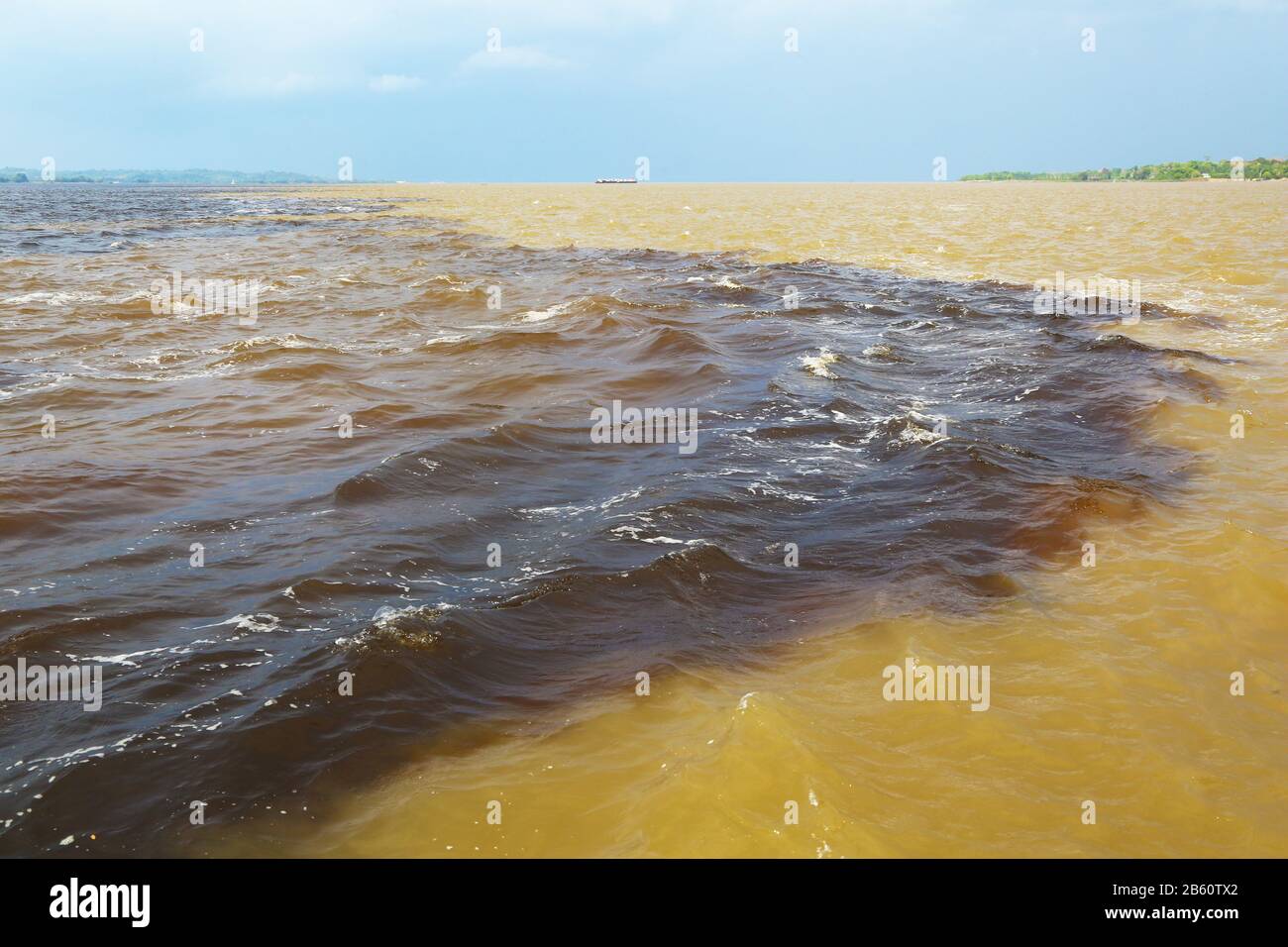 Amazon & Rio Negro Waters.in der Nähe von Manaus befindet sich der Zusammenfluss zwischen Rio Negro, einem Fluss mit sehr dunklem Wasser, und dem sandig gefärbten Amazonas-Fluss. Stockfoto