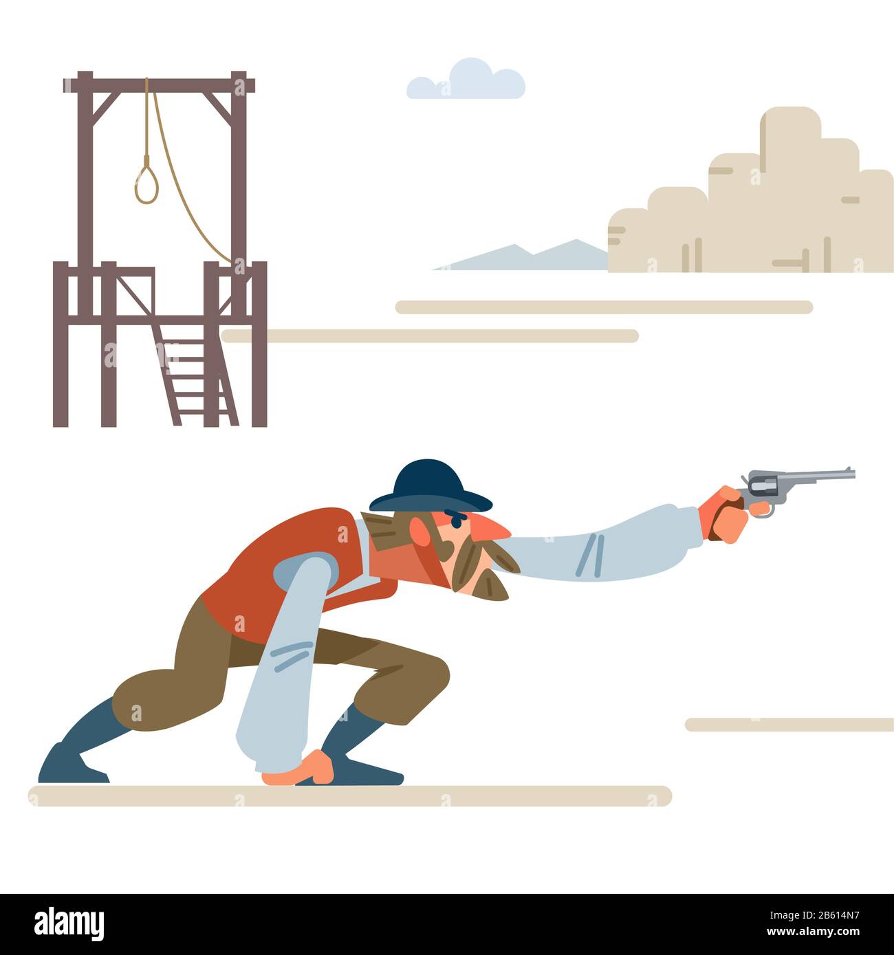 Der Anführer der Gruppe im Shootout rettet die Fälscher aus dem Galgen. Cartoon-Vektor-Illustration. Flacher Stil. Isoliert auf weiß Stock Vektor