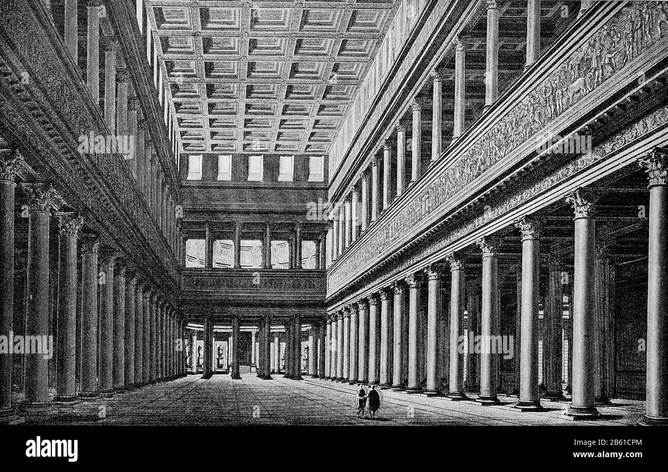 Die Basilika Ulpia ist eine in römischer Zeit erbaute Basilika in der italienischen Hauptstadt Rom. Sie ist nur in Resten erhalten, Rekonstruktion von Canina / die Basilika Ulpia ist eine in römischer Zeit entstandene Basilika in der italianischen Hauptstadt Rom. Sie ist nur in Resten erhalten, Rekonstruktion von Canina, historisch, digital verbesserte Wiedergabe eines Originals aus dem 19. Jahrhundert / Digitale Reproduktion einer Originalanlage aus dem 19. Jahrhunderts Stockfoto