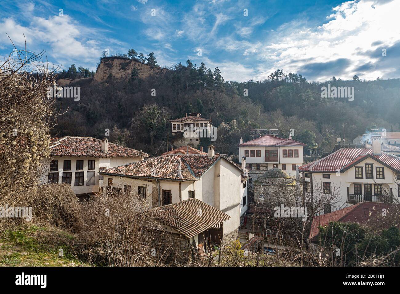 Blick auf Melnik - die kleinste Stadt Bulgariens, die an den Ausläufern des Pirin-Gebirges liegt Stockfoto