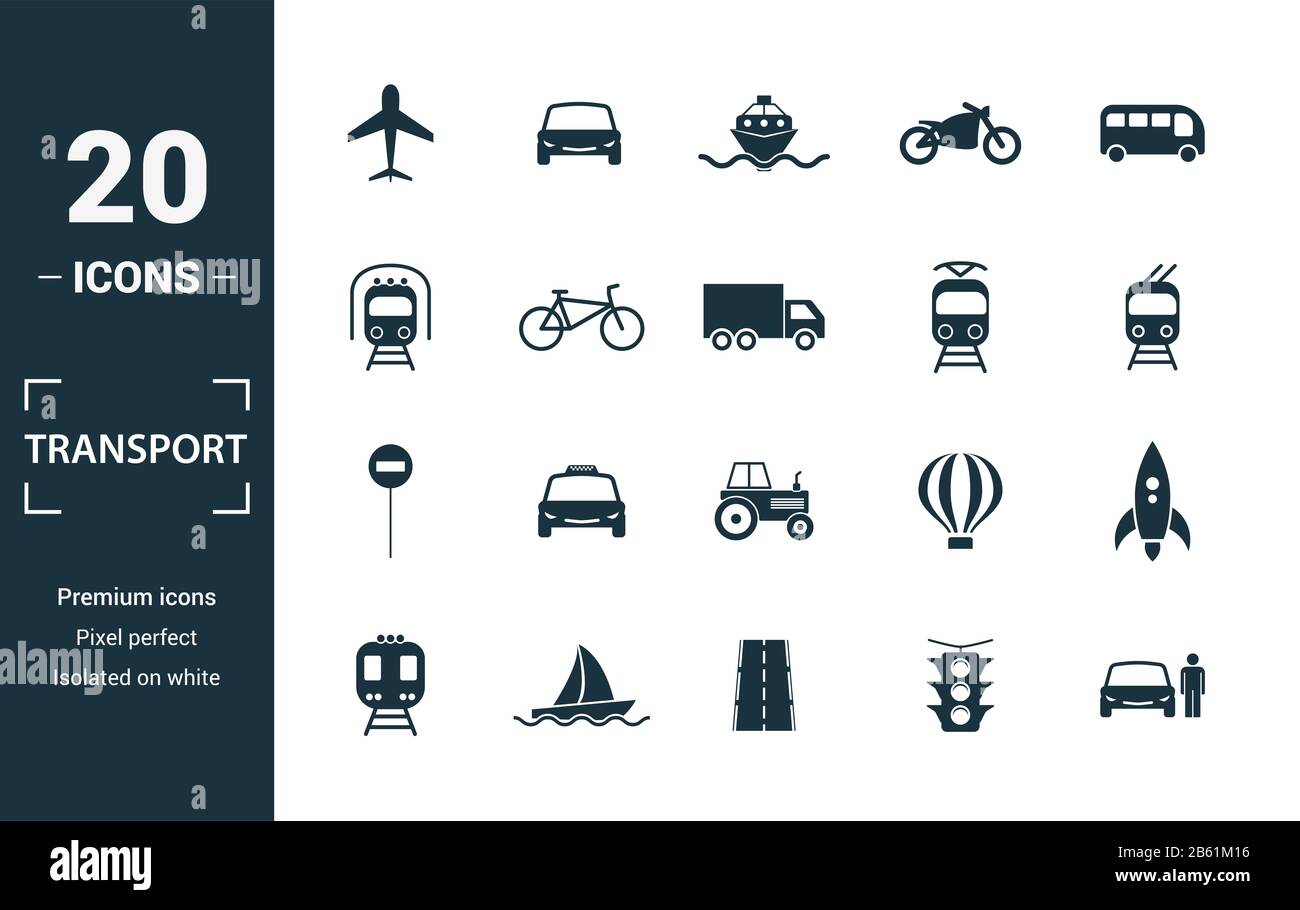 Transport Icon Set. Kreative Elemente Auto, Motorrad, Fahrrad, troleibus gehören, taxi Symbole. Kann für Bericht, Präsentation, Diagramm verwendet werden, Web Stockfoto