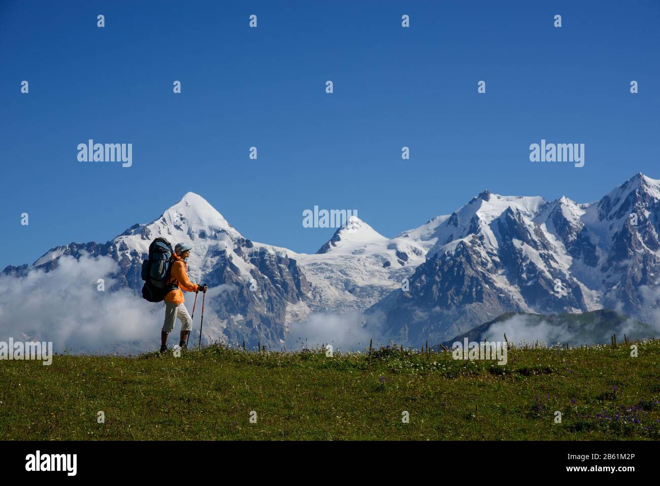 Tourist mit orangefarbener Jacke gegen Berge mit Schneehintergrund gekleidet. Alpine Wiese im Vordergrund. Stockfoto