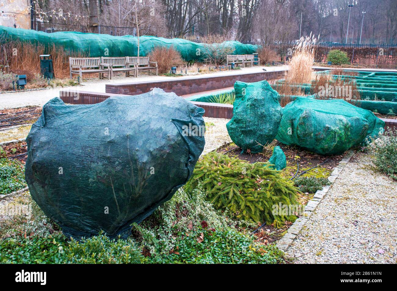 Pflanzen und Bäume in einem Park, der mit Kunststoffplatten bedeckt ist, um sie vor Frost und Kälte zu schützen Stockfoto