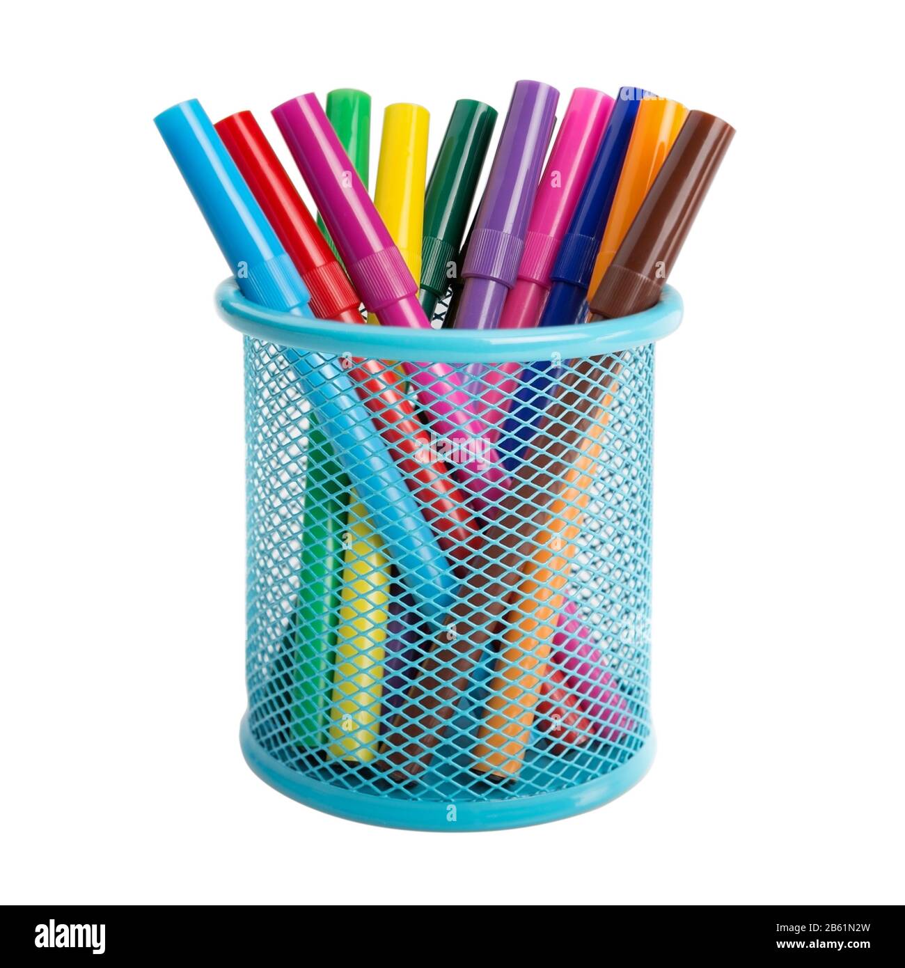 Blaue Schreibstifte und Markierungen für den Bürotank. Auf weißem Hintergrund. Stockfoto