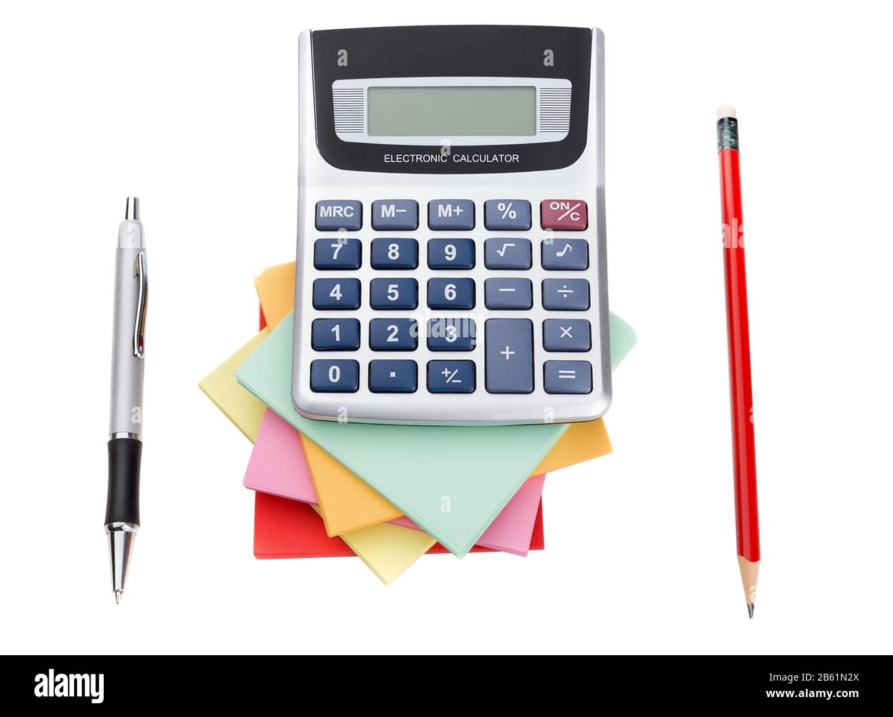 Zubehör für Schul- und Büroarbeiten. Auf weißem Hintergrund. Stockfoto