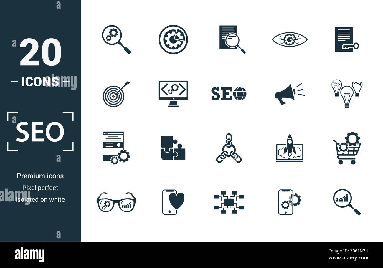 Seo Icon Set. Kreative Elemente Suche Optimierung gehören, Suchergebnis, richtige Lösung, code Optimierung, Website Optimierung Symbole. Kann verwendet werden Stockfoto