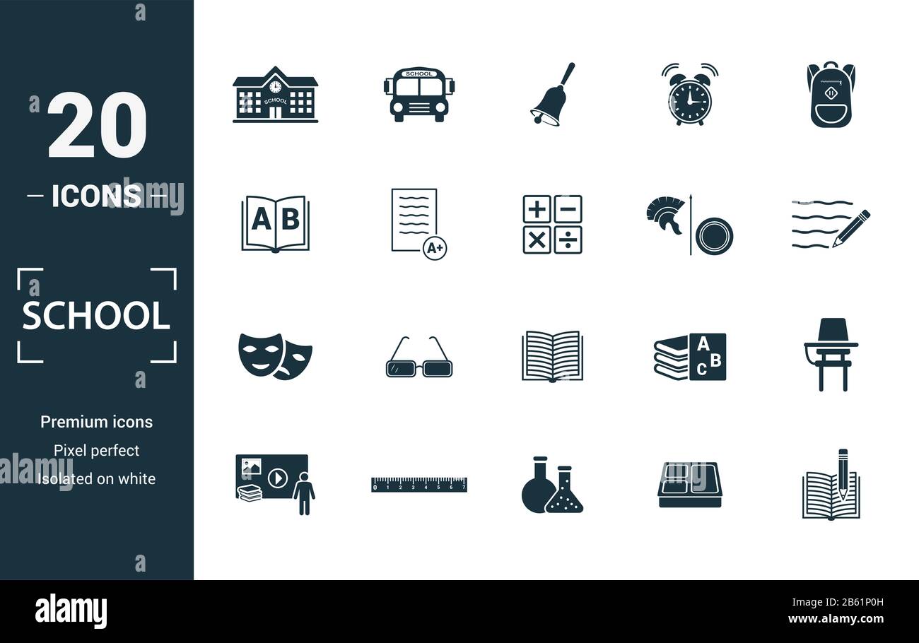 Schule Icon Set. Kreative Elemente der Schule, Bell, Alphabet, Geschichte, Kunst, Symbole. Kann für Bericht, Präsentation, Grafik, Web Design Stockfoto