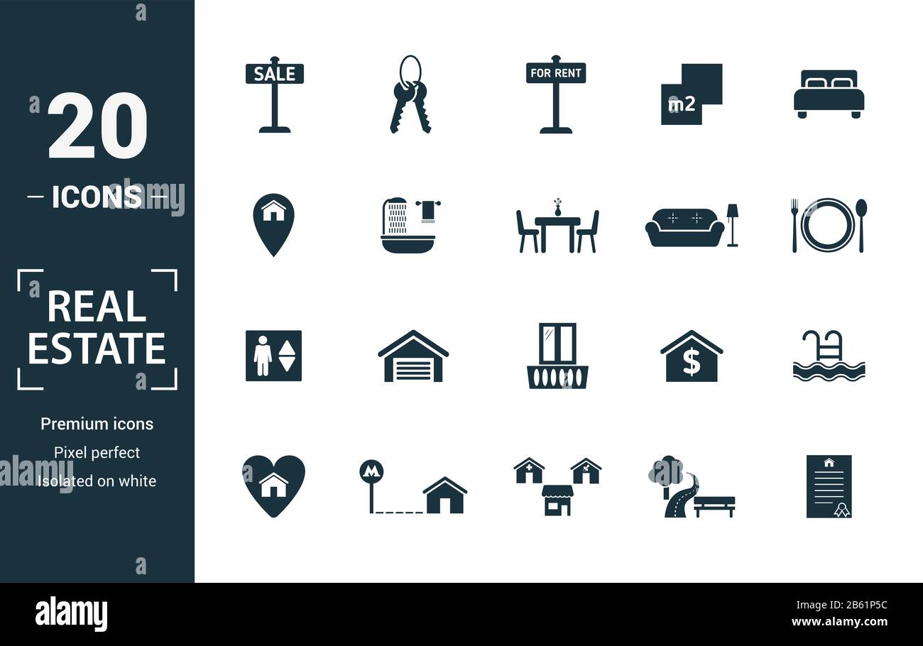 Immobilien Icon Set. Kreative Elemente für Verkauf, Mieten, Zeichen, Haus Lage, Wohnzimmer, Aufzug Symbole. Kann für den Bericht verwendet, Präsentation. Stockfoto