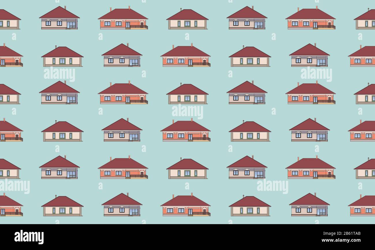 Nahtloses Muster mit Architekturfassaden von Häusern. Architektonischer Hintergrund mit Zeichnungen von Cottages. Farbige Vektorgrafiken EPS10 Stock Vektor