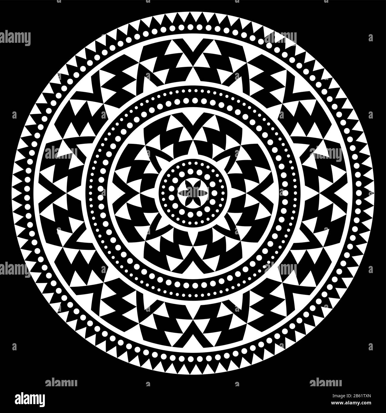 Stammes aztekisches Mandala-Vektor-Muster, bohämisch geometrisch rund weiß Design Zen-Dekoration auf schwarzem Hintergrund Stock Vektor