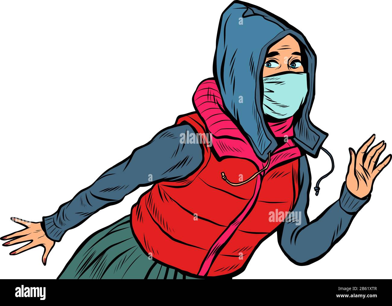 Eine Frau in einer medizinischen Maske, Panik und eine epidemische Coronavirus-Virus covid19 Stock Vektor