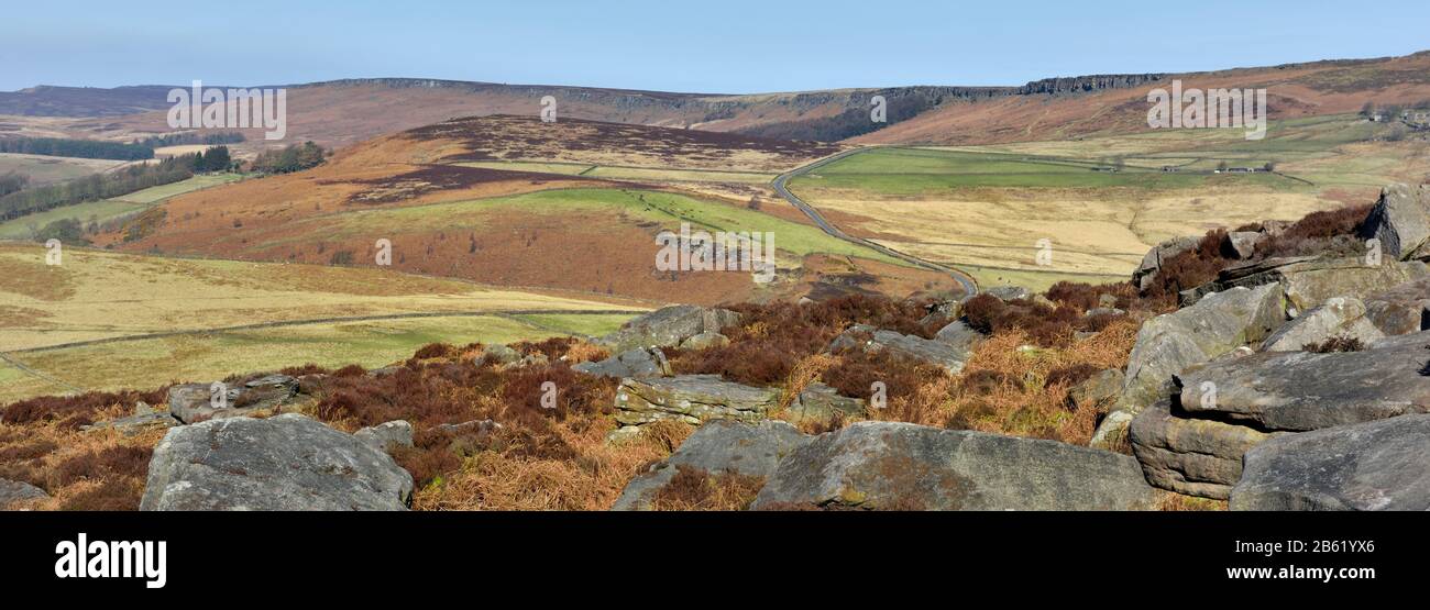 Überraschungsansicht, Gritstone Rocks, Hope Valley, Peak District National Park, Derbyshire, England, Großbritannien Stockfoto