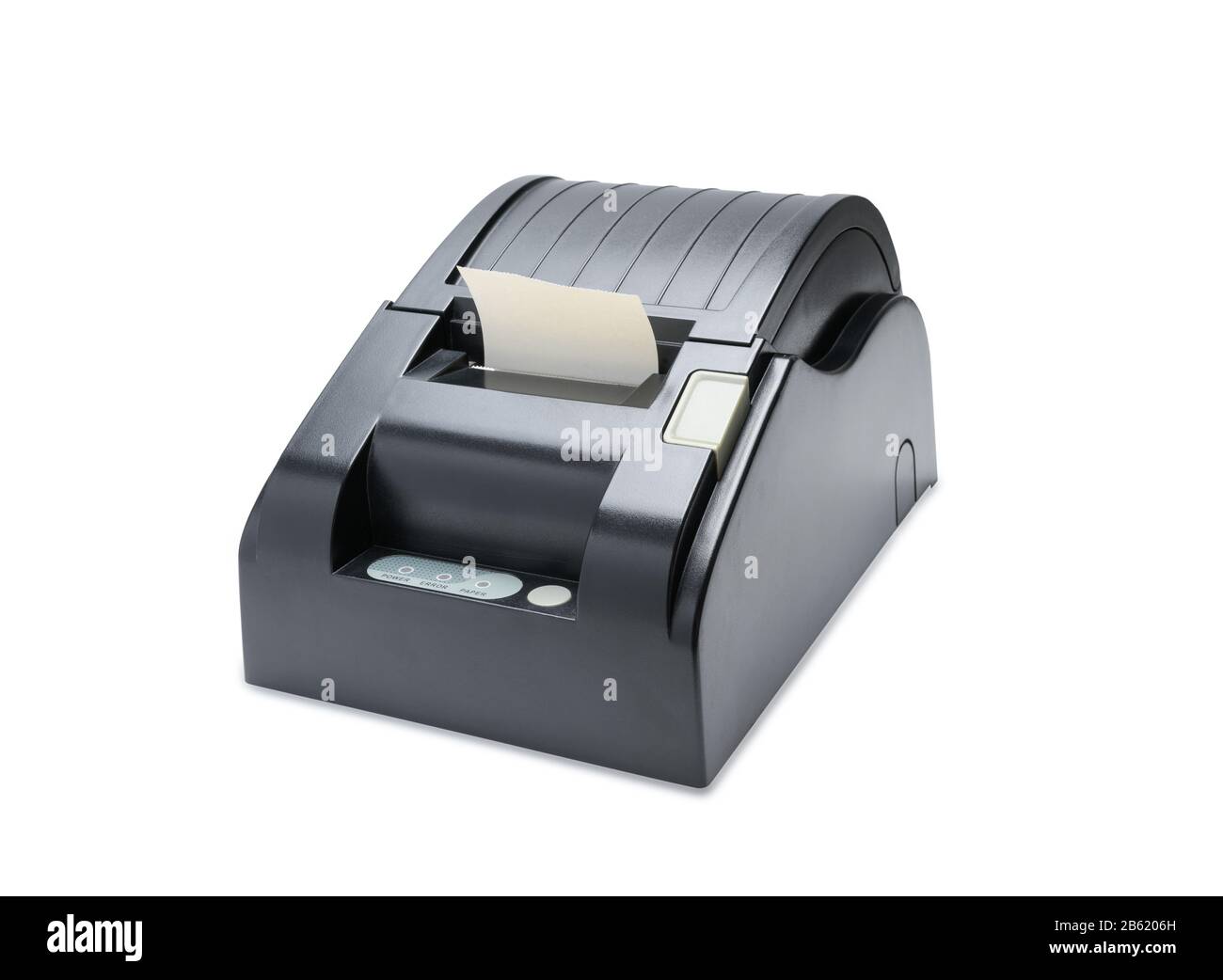Bürogeräte, EIN Kassendrucker, der eine Quittung auf weißem Hintergrund druckt Stockfoto