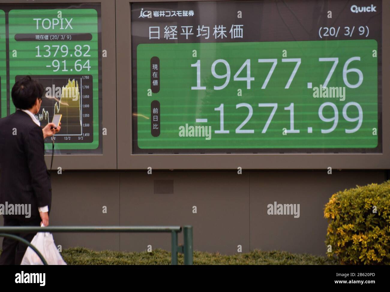 Tokio, Japan. März 2020. Büroangestellte nehmen am Montag, 9. März 2020, Fotos in Tokyo, Japan auf. Der durchschnittliche Endpreis von Nikkei fiel zum ersten Mal seit 14 Monaten unter 20.000 Yen Line. Foto von Keizo Mori/UPI Credit: UPI/Alamy Live News Stockfoto