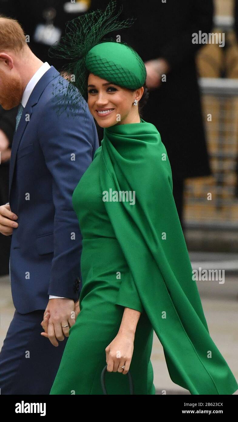 Der Herzog und die Herzogin von Sussex kommen am Commonwealth Day in der Westminster Abbey, London an. Der Dienst ist ihr endgültiges offizielles Engagement, bevor sie das Königsleben beenden. Stockfoto