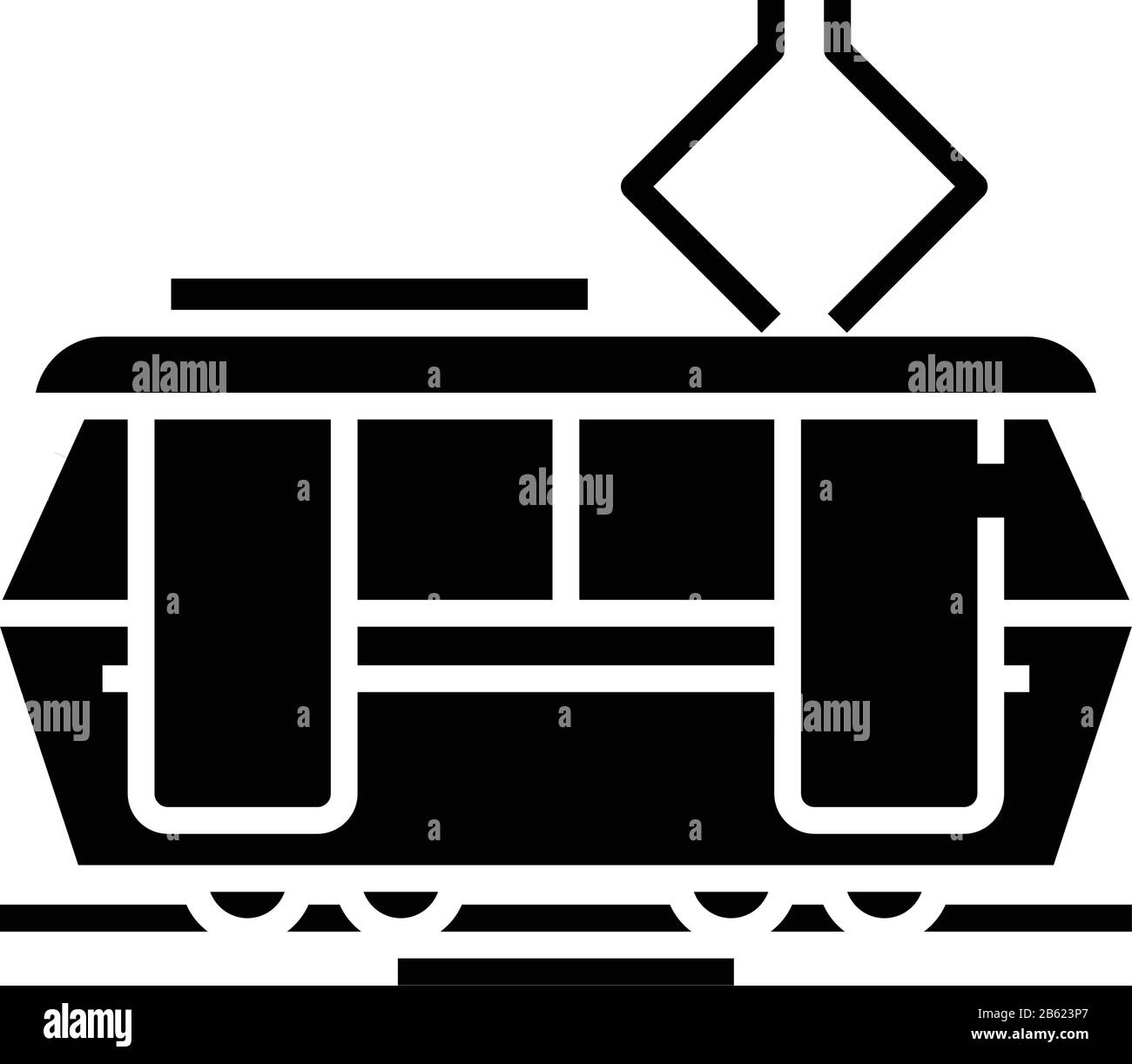 Tram-Symbol schwarz, Konzeptdarstellung, Vektor-Flachsymbol, Glyph-Zeichen. Stock Vektor