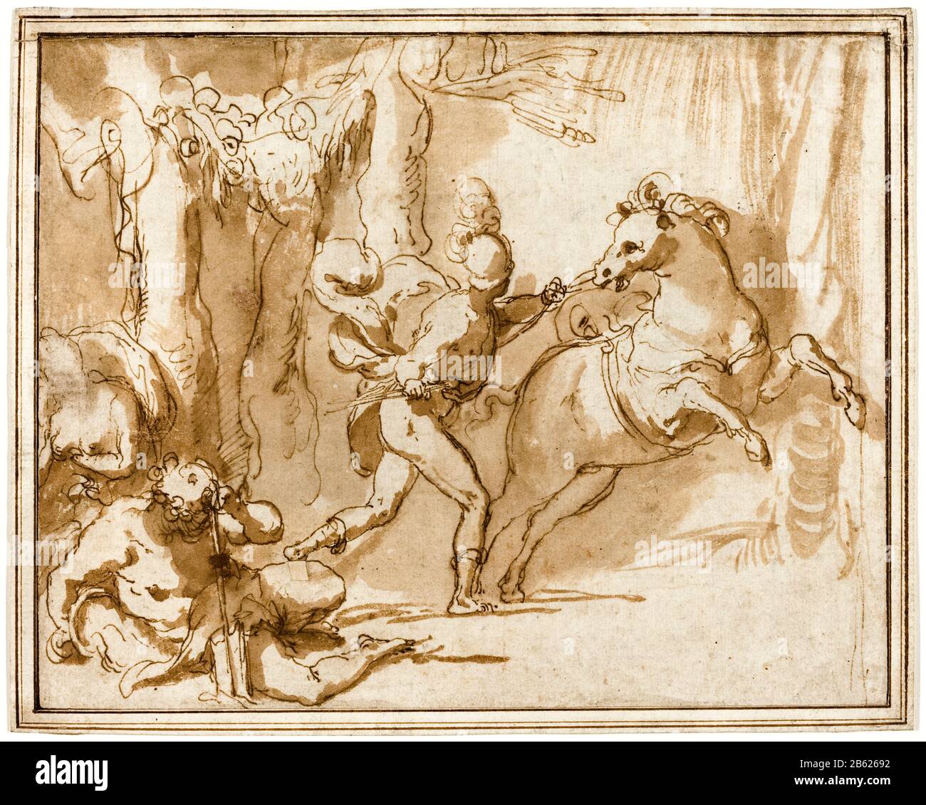 Alexander der Große und Bucephalus, Zeichnung von Taddeo Zuccaro, ca. 1553 Stockfoto