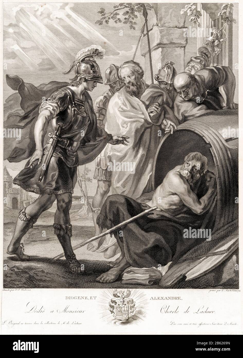 Das Treffen von Diogenes von Sinope und Alexander dem Großen, Gravur von Mark Quirin nach Peter Paul Rubens, um das Jahr 17884 Stockfoto
