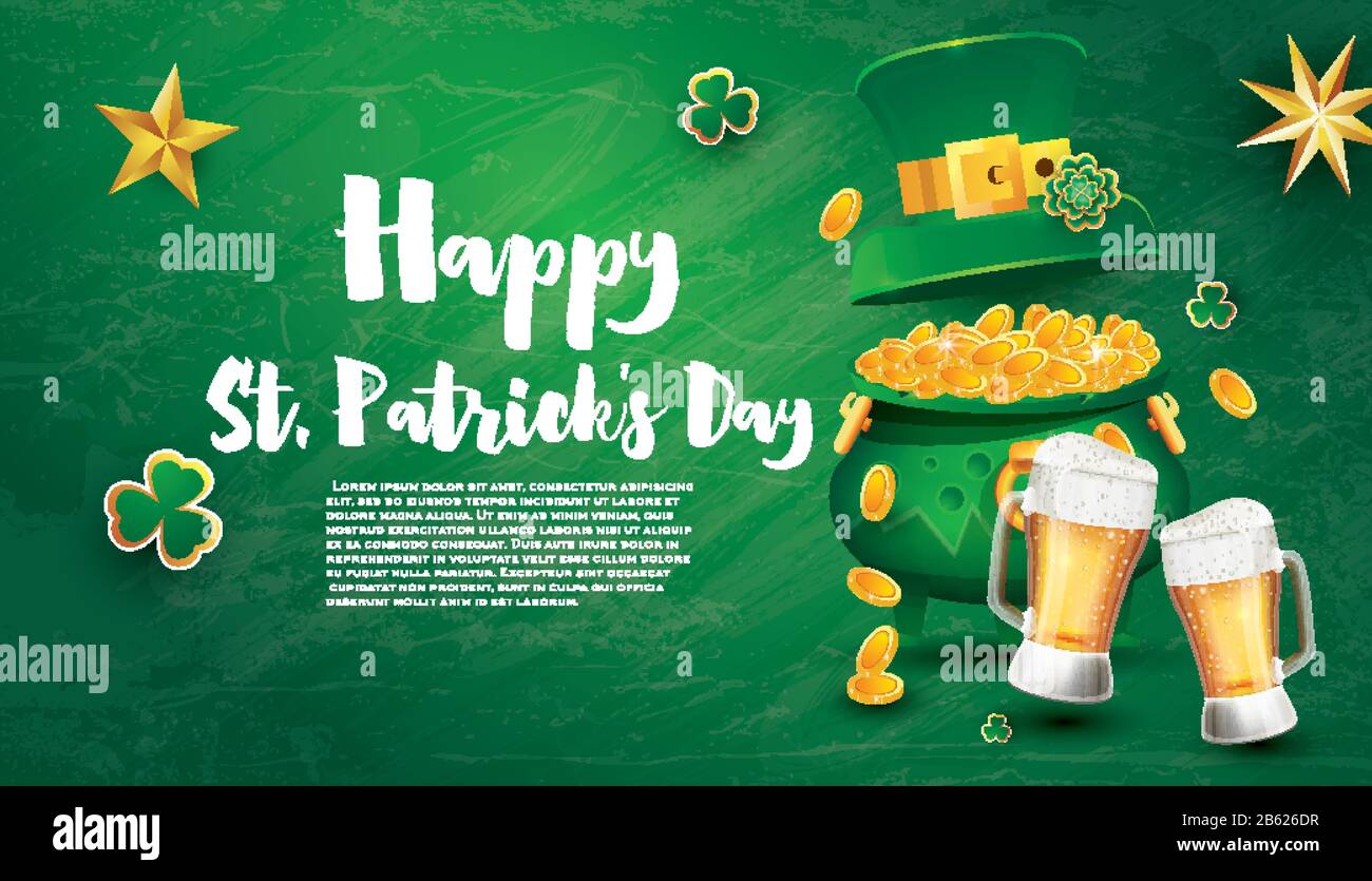 Festliches Banner mit "Pot Fellled Golden Coins", Glas Bier, "Green Top hat" und "Shamrock" von Saint Patricks Day. Vektorgrafiken. Flyer mit Kopierbereich. Stock Vektor