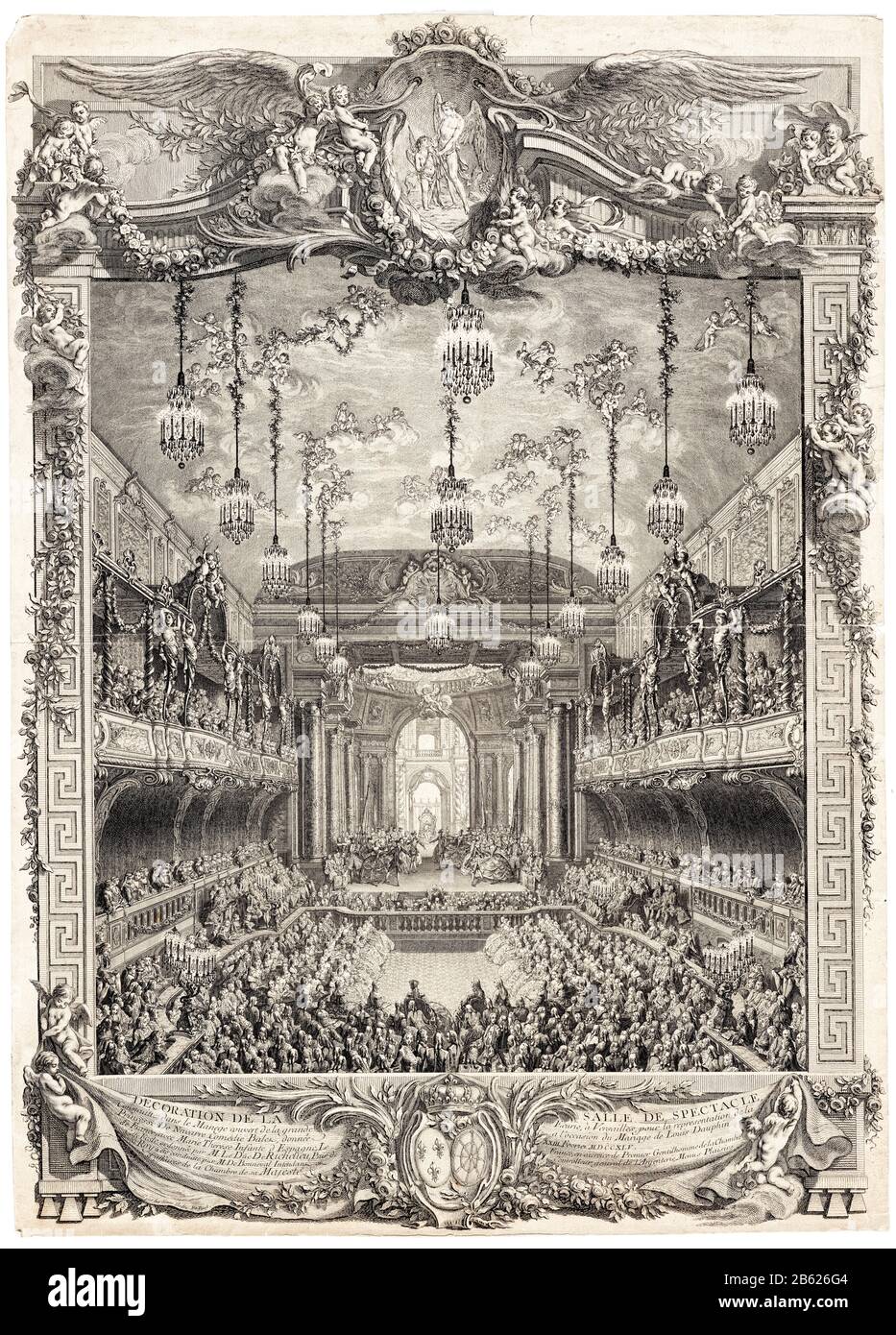 Innenansicht des Theaters in der überdachten Reitschule, Schloss Versailles, 23. Februar 1745, Gravur von Michel de Bonneval und Charles-Nicolas Cochin der Jüngeren, 1756 Stockfoto