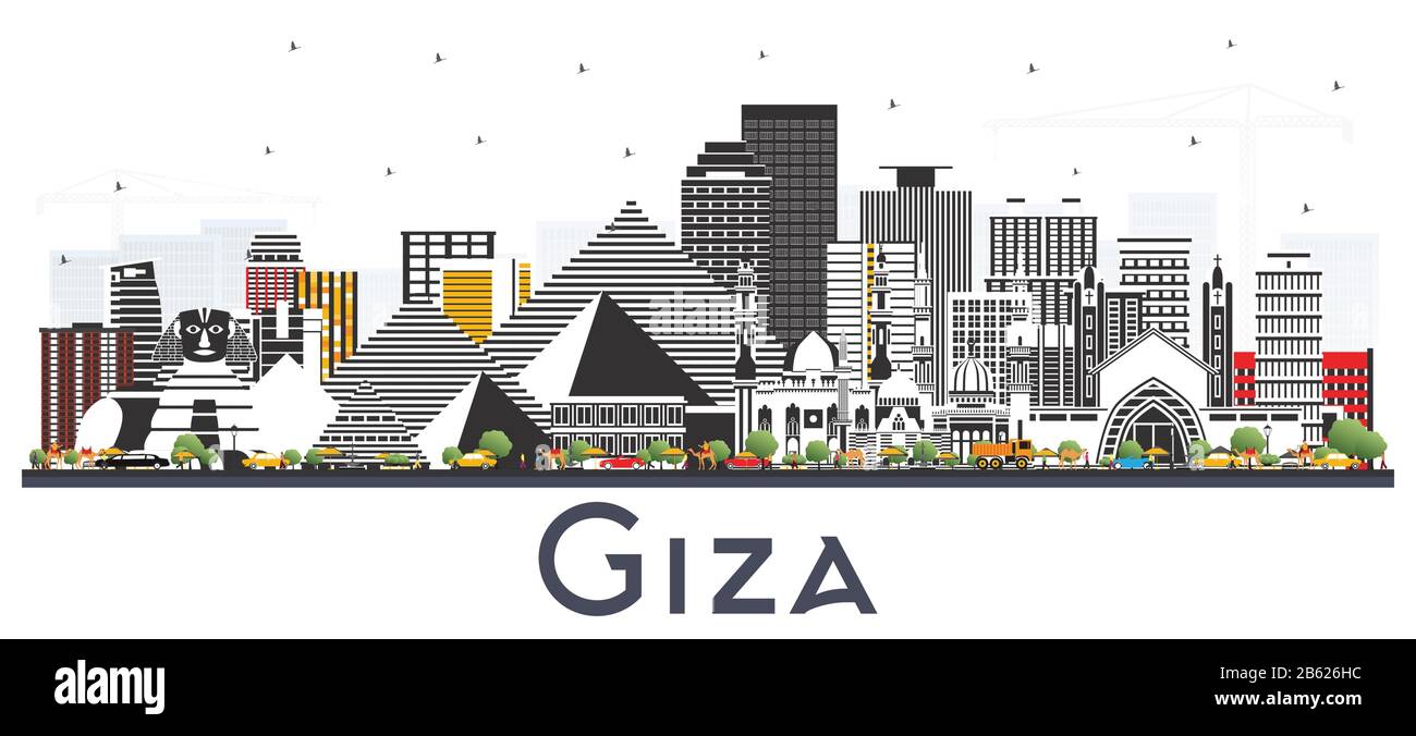 Gizeh Egypt City Skyline mit grauen Gebäuden Isoliert auf Weiß. Vektorgrafiken. Business Travel and Tourism Concept mit Historischer Architektur. Gi Stock Vektor