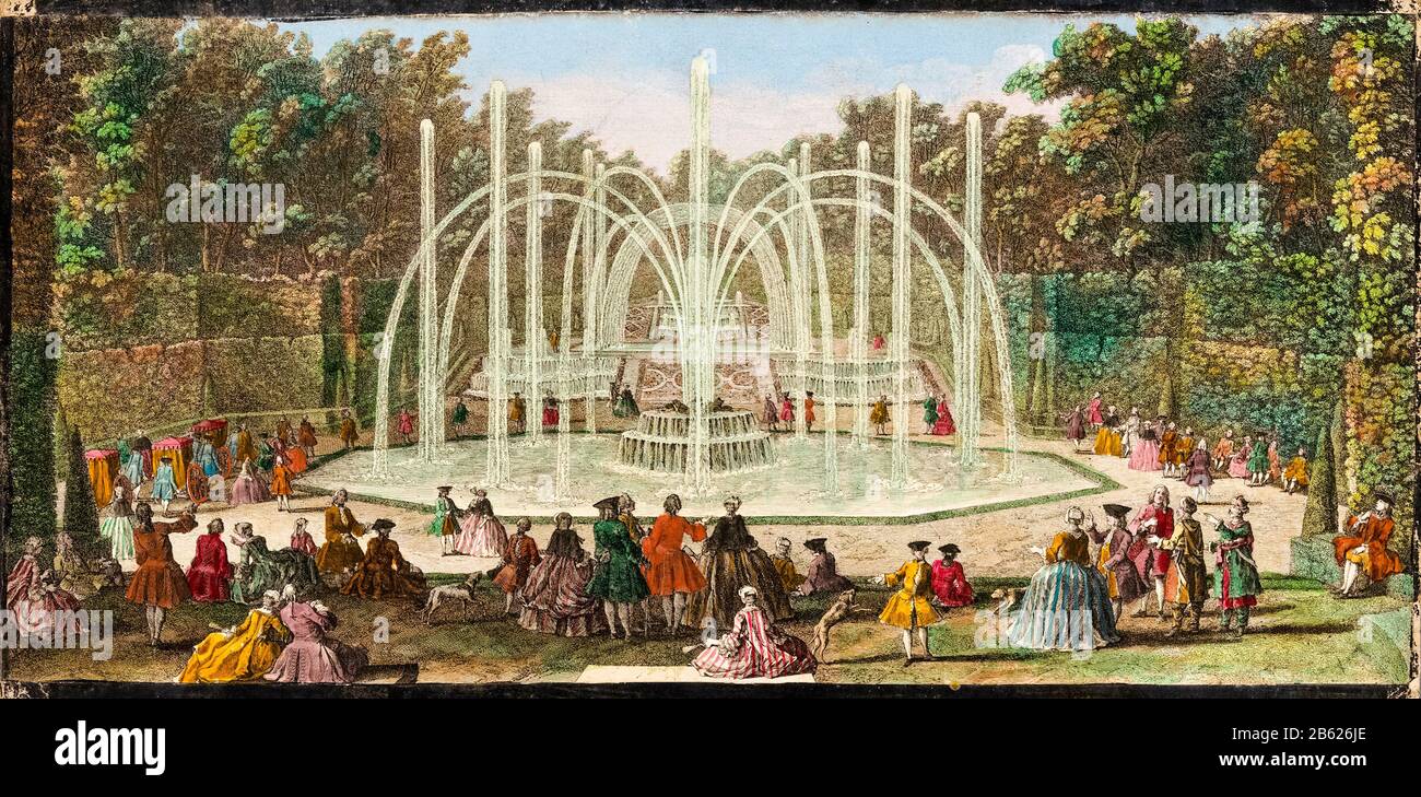 Blick auf den Bosquet des Trois Fontaines (Hain der drei Brunnen), in den Gärten des Schlosses von Versailles, Druck von Jacques Rigaud, um 1691 bis nach 1753 Stockfoto