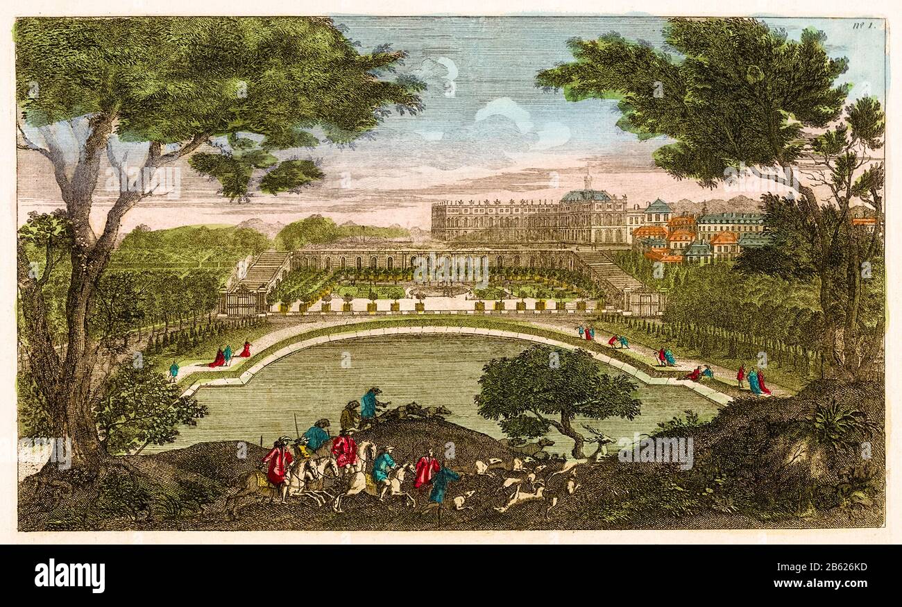 Blick auf die Orangerie und das Schloss von Versailles, gedruckt von Chéreau, 1700-1799 Stockfoto
