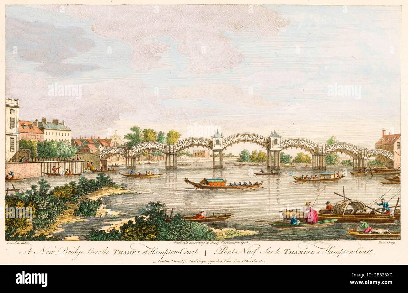 Blick auf die erste Hampton Court Bridge über die Themse (eröffnet im Jahre 1753), gedruckt von James Hulett, 1754 Stockfoto